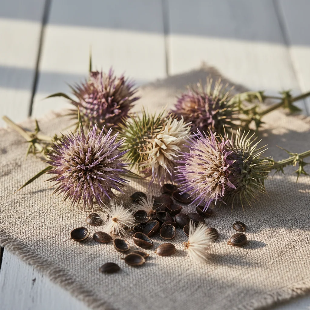 Tørrede sølvtidselblomster og frø på rustikt linned - botanisk stillleben